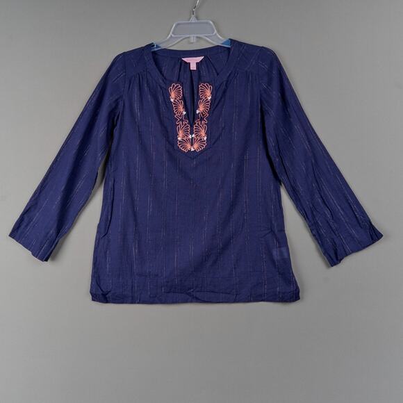 Lilly Pulitzer Tops - Lilly Pulitzer Embroidered Tunic Womens S Navy Cotton